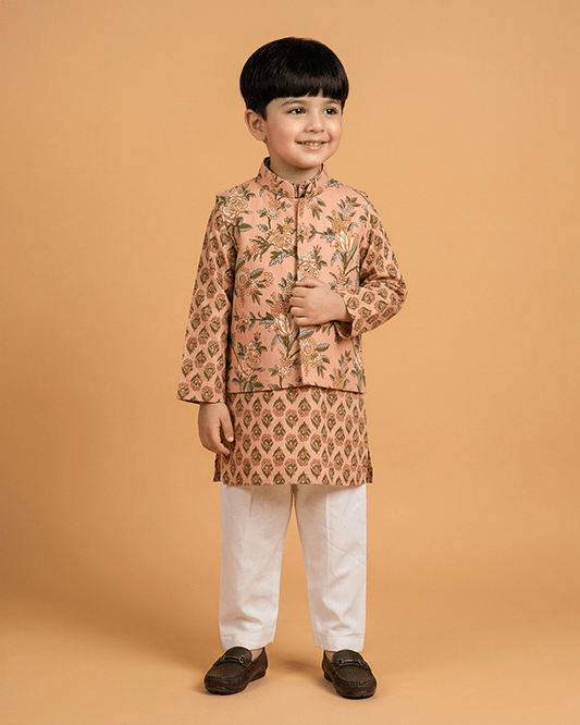 Peach Floral Print Boys Kurta Set with White Pajama | Premium Cotton Ethnic Wear - BYB PREMIUM