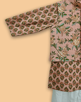 Peach Floral Print Boys Kurta Set with White Pajama | Premium Cotton Ethnic Wear - BYB PREMIUM