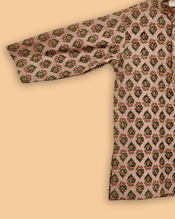 Peach Floral Print Boys Kurta Set with White Pajama | Premium Cotton Ethnic Wear - BYB PREMIUM