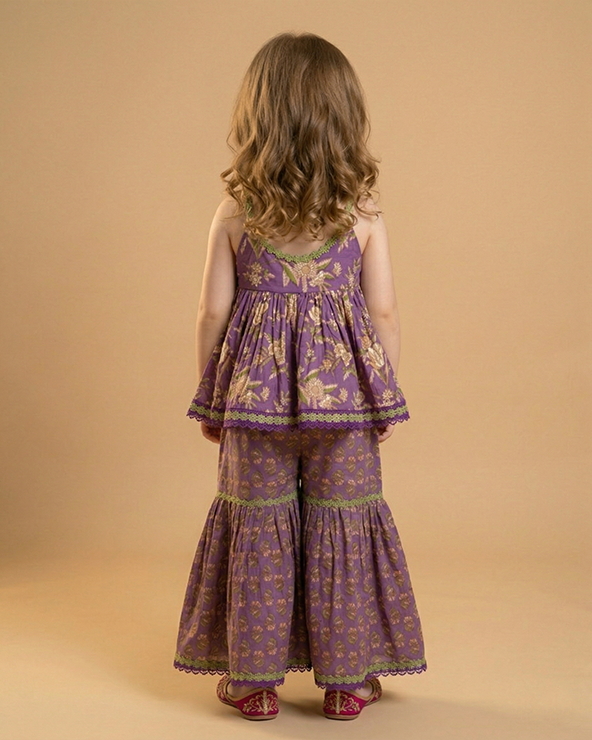 Girls purple cotton sharara set with printed peplum top| premium cotton ethnic wear