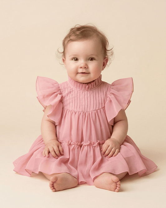 Pink Chiffon Woven Frill Sleeve Solid Dress for Girls - BYB PREMIUM