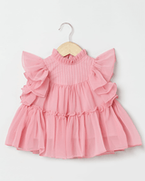 Pink Chiffon Woven Frill Sleeve Solid Dress for Girls - BYB PREMIUM