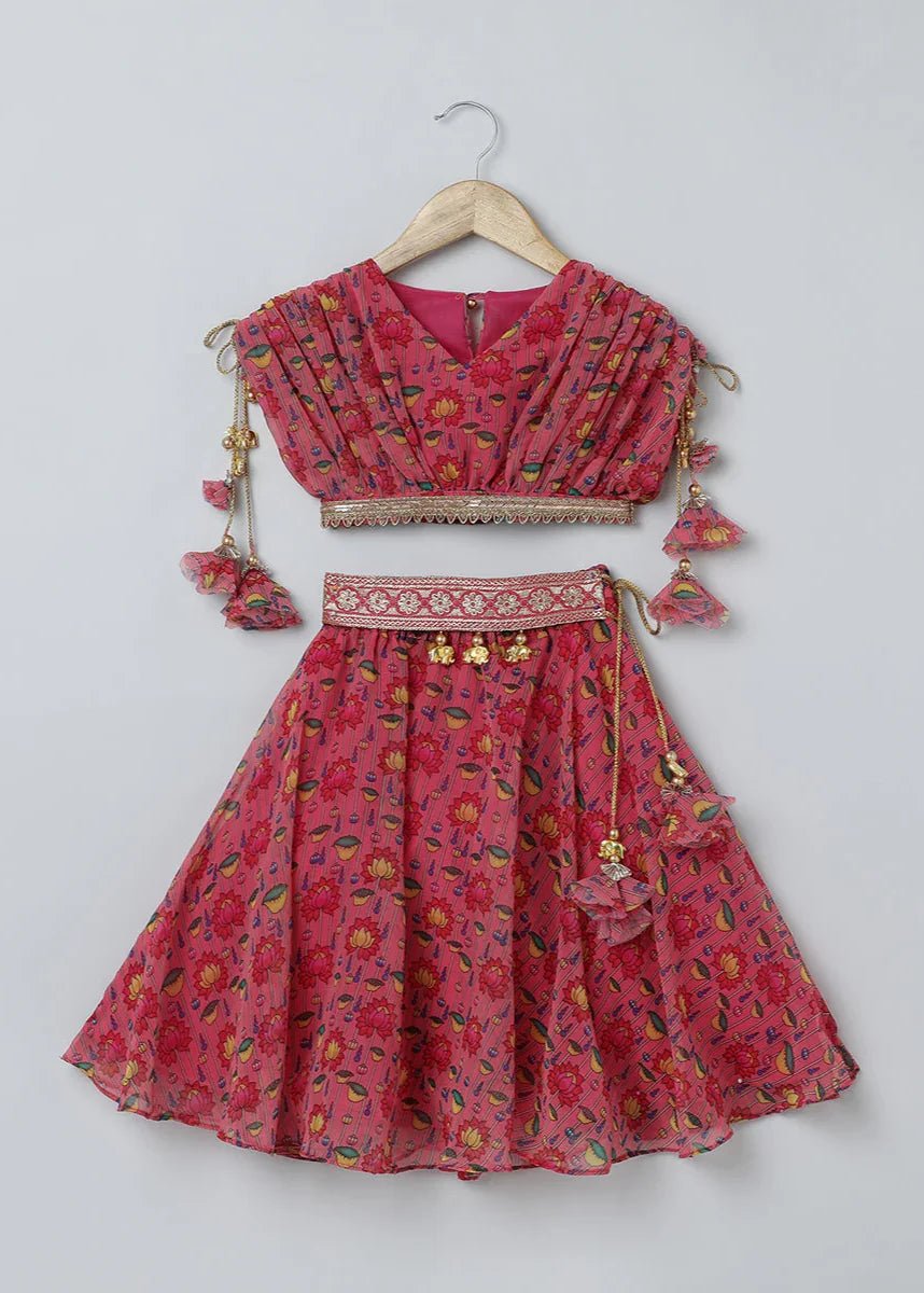 Pink lotus printed georgette lehenga set   byb premium