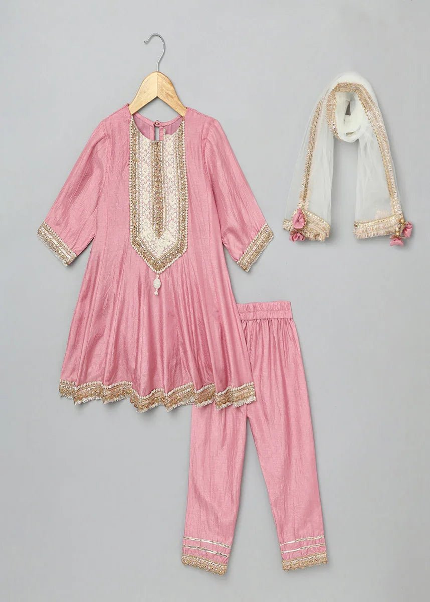 Pink silk anarkali suit set for girls   byb premium