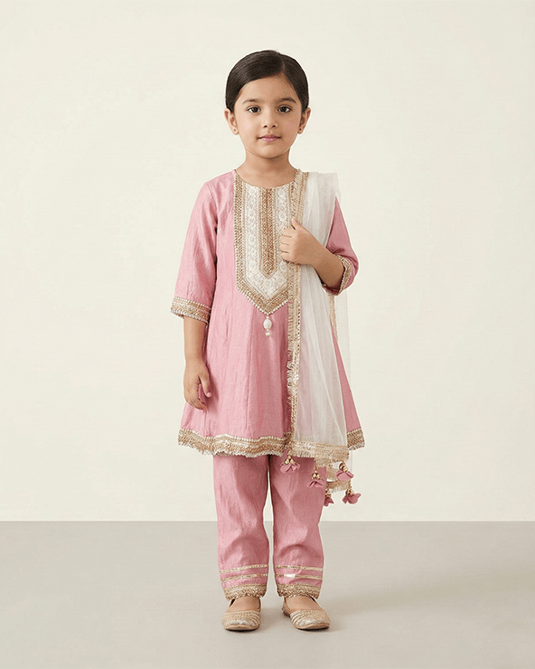 Pink Silk Girls Kurti Set with Dupatta | Festive Ethnic Wear - BYB PREMIUM