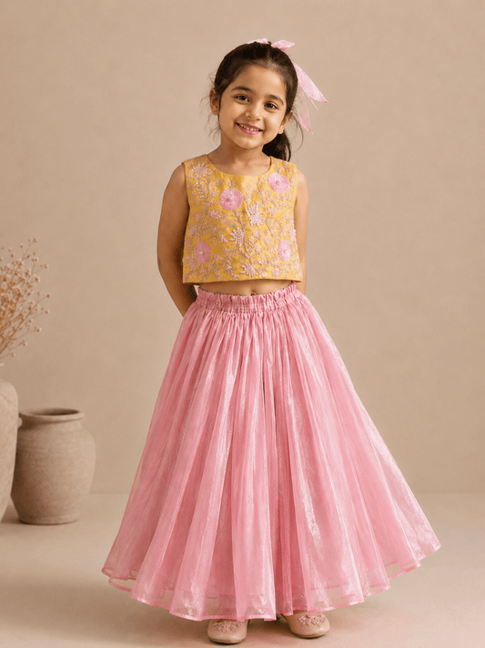 Pink Tissue Silk Embroidered Lehenga Set for Girls - BYB PREMIUM