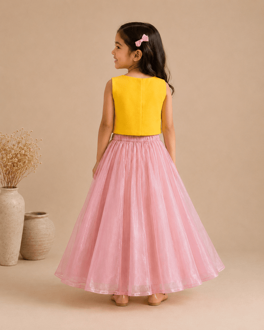 Pink Tissue Silk Embroidered Lehenga Set for Girls - BYB PREMIUM