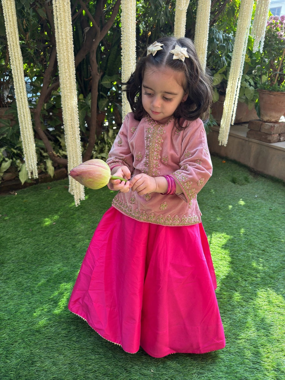 Pink Velvet Lehenga Set for Girls with Dupatta - BYB PREMIUM