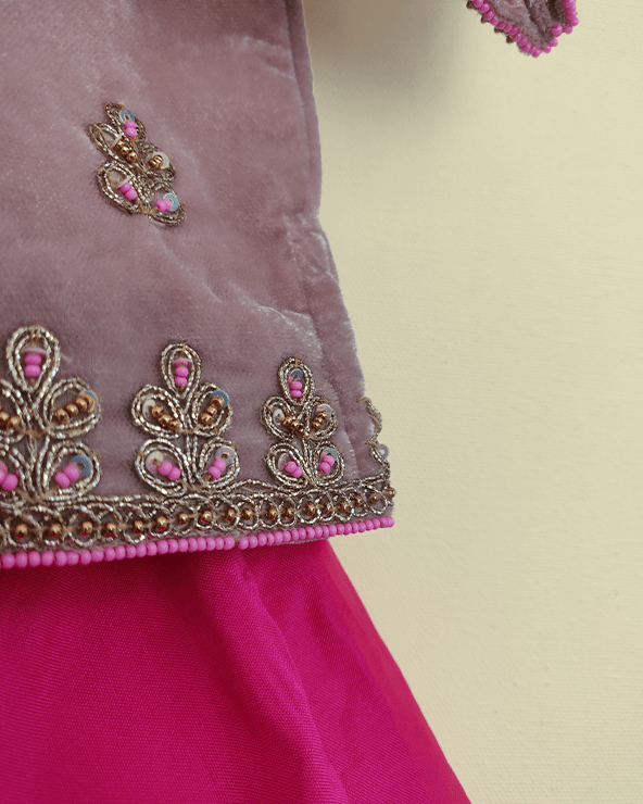Pink Velvet Lehenga Set for Girls with Dupatta - BYB PREMIUM