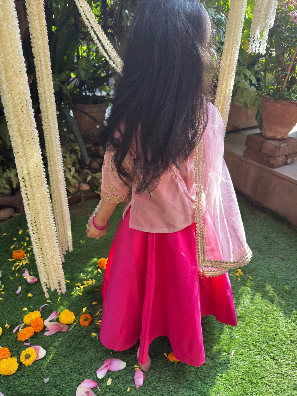 Pink Velvet Lehenga Set for Girls with Dupatta - BYB PREMIUM
