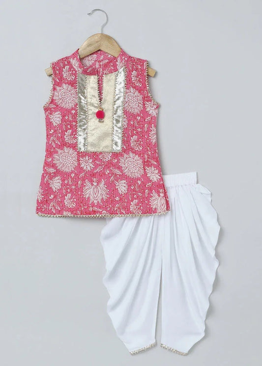 Pink & White Katha Stitch Kurti Dhoti Set for Girls - BYB PREMIUM