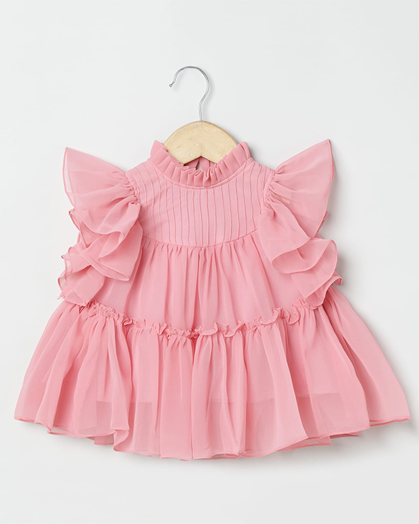Pink chiffon woven frill sleeve solid dress for girls