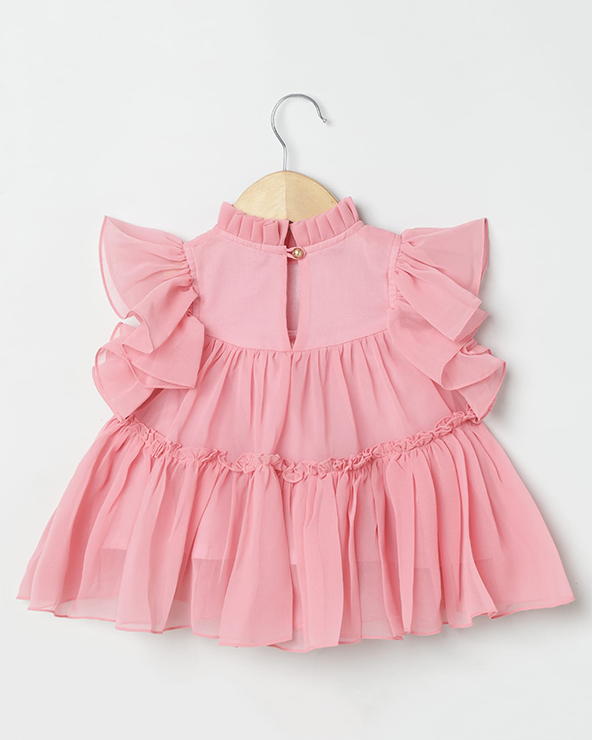 Pink chiffon woven frill sleeve solid dress for girls