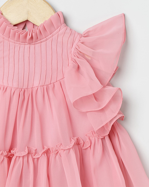 Pink chiffon woven frill sleeve solid dress for girls