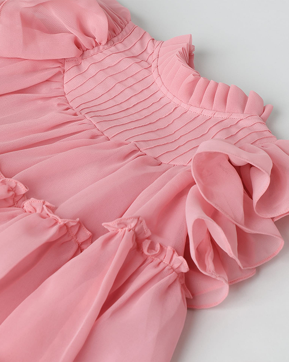Pink chiffon woven frill sleeve solid dress for girls