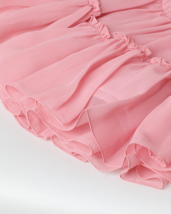Pink chiffon woven frill sleeve solid dress for girls