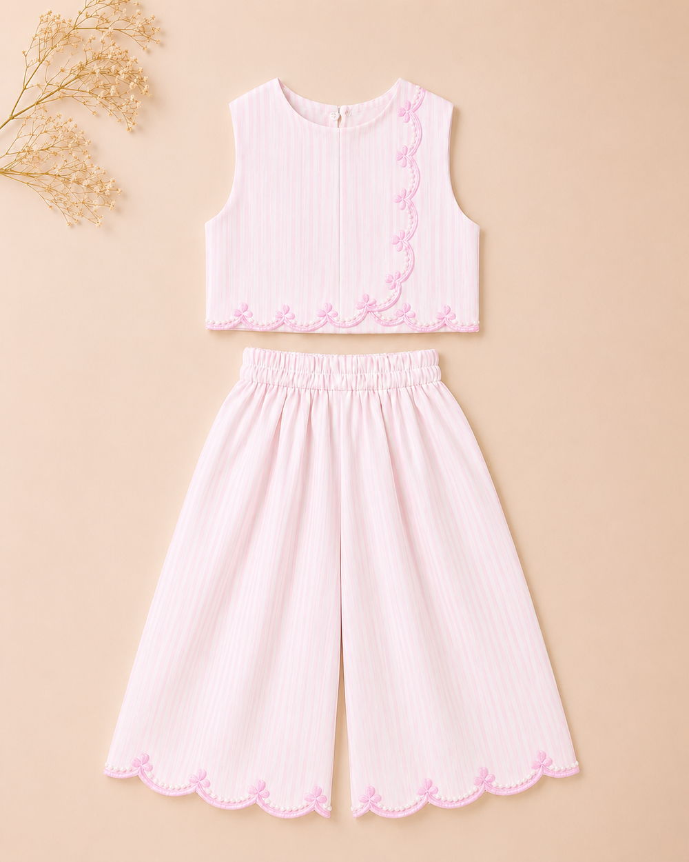 Girls Pure Cotton Pink Striped Co-Ord Set with Scalloped Embroidery