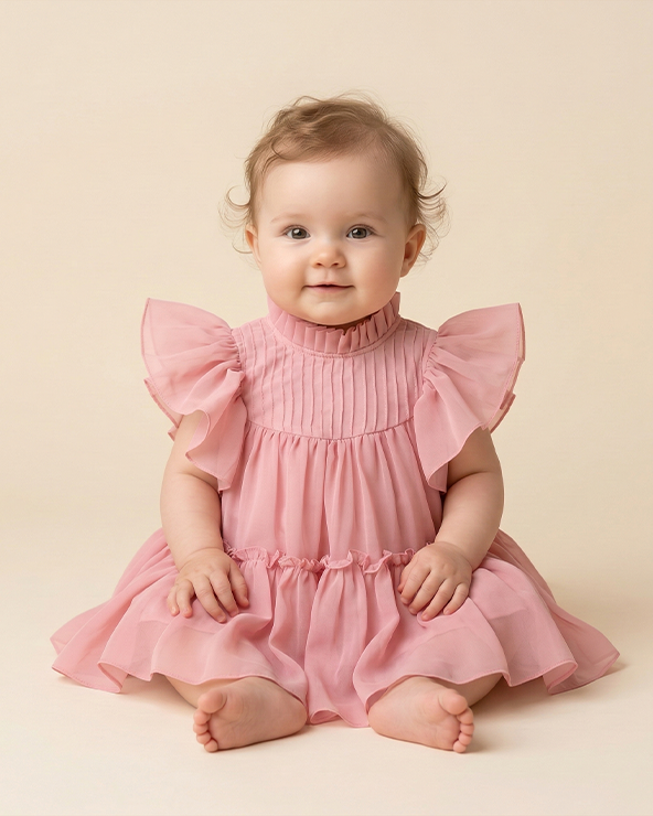 Pink chiffon woven frill sleeve solid dress for girls