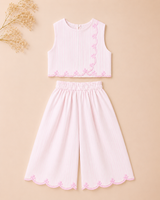 Girls Pure Cotton Pink Striped Co-Ord Set with Scalloped Embroidery