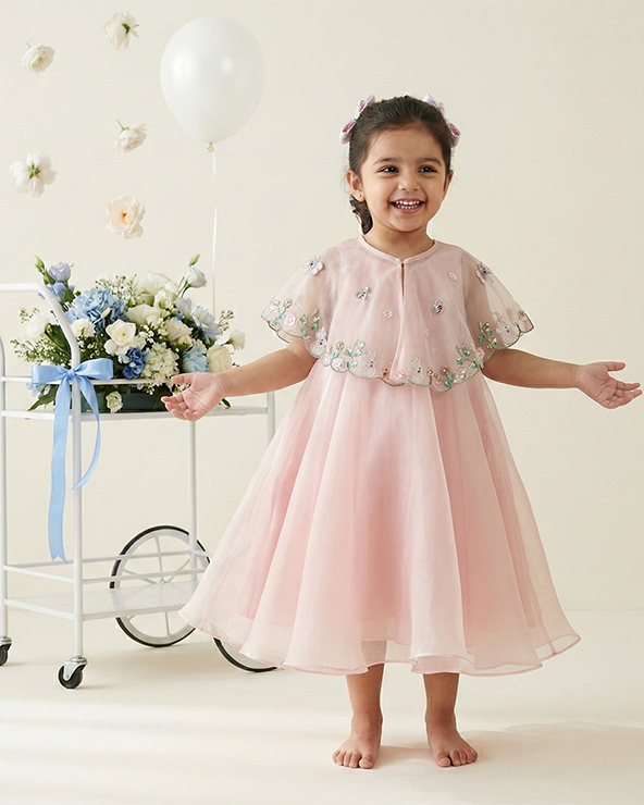 Dusty rose organza girls dress with hand embroidered cape and satin lining