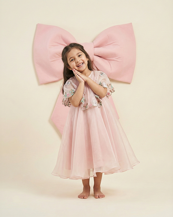 Dusty Rose Organza Girls Dress with Hand-Embroidered Cape & Satin Lining