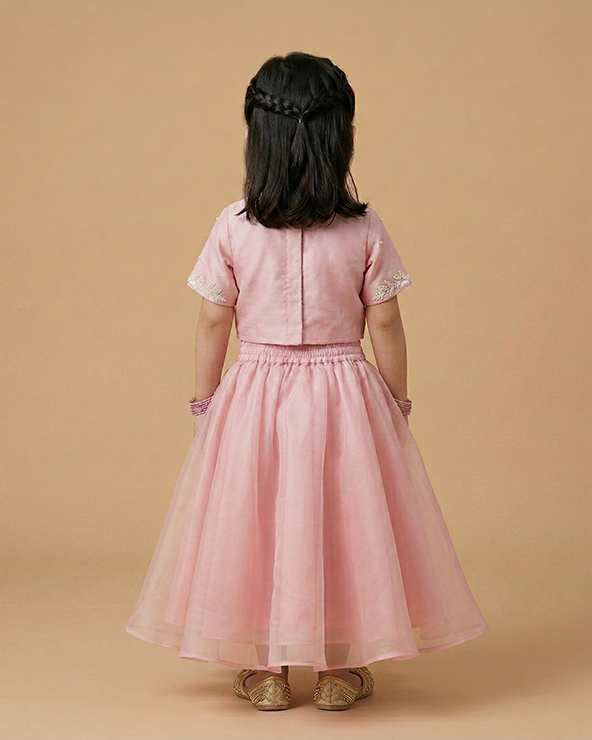 Baby pink organza girls lehenga choli set with pearl embroidery & dupatta