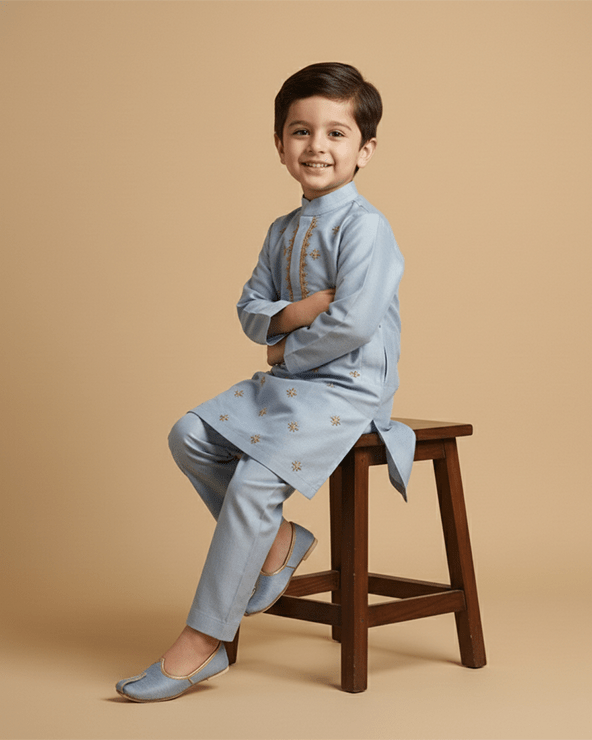 Powder Blue Embroidered Kurta Pajama Set for Boys - BYB PREMIUM