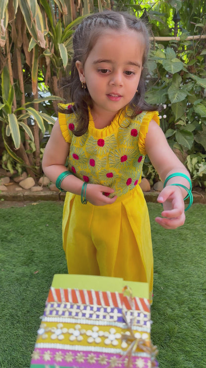 Bright yellow col embroidered cord set with satin finish tissue fabric.