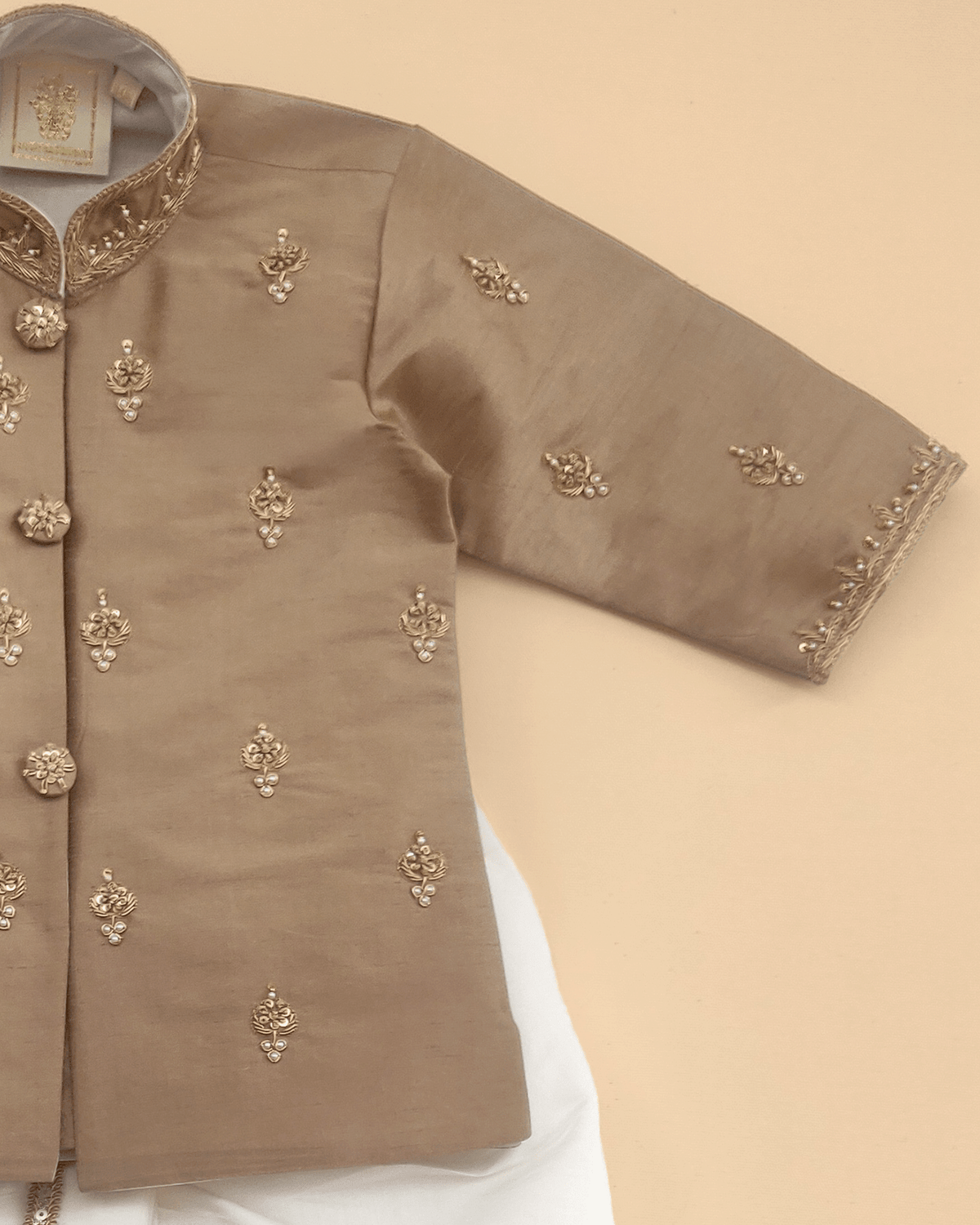 Pure silk kurta & viscose chanderi dhoti set for babies with zardozi embroidery   byb premium