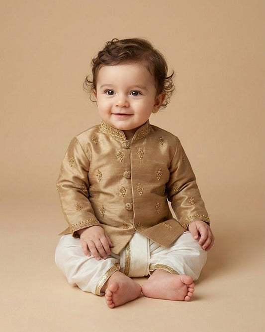 Pure Silk Kurta & Viscose Chanderi Dhoti Set for Babies with Zardozi Embroidery - BYB PREMIUM