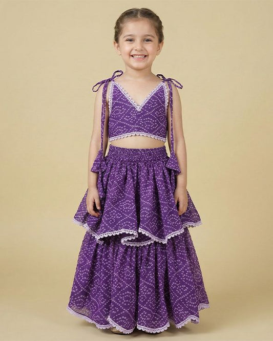Purple Bandhani Printed Chiffon Lehenga Choli Set with Layered Skirt - BYB PREMIUM