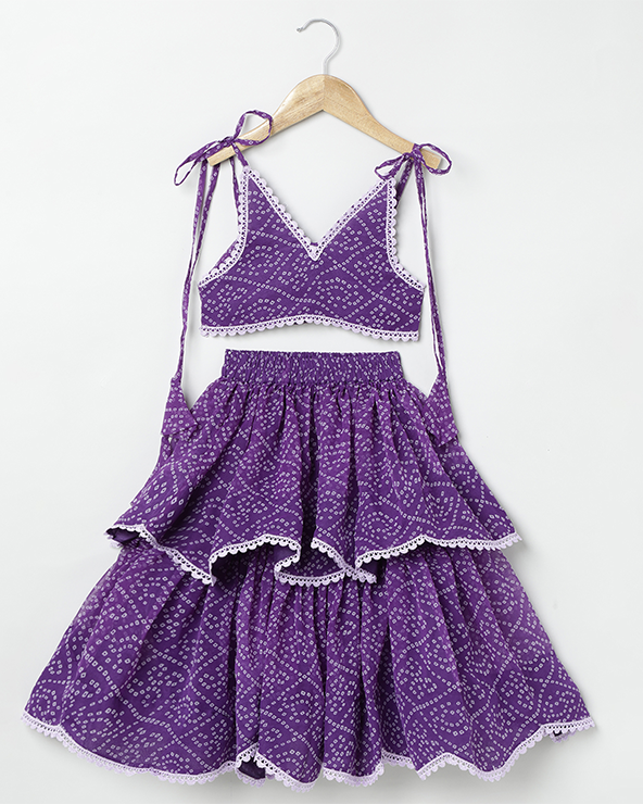 Purple bandhani printed chiffon layered lehenga choli set for girls