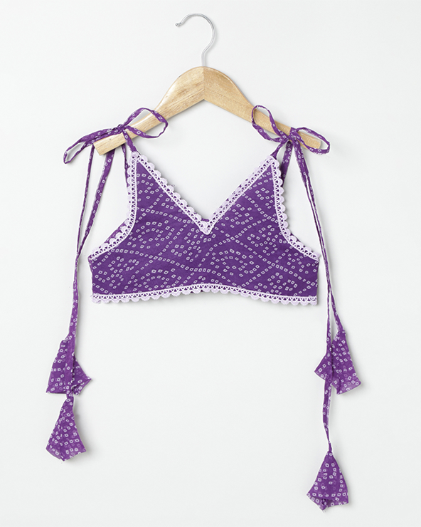 Purple bandhani printed chiffon lehenga choli set with layered skirt