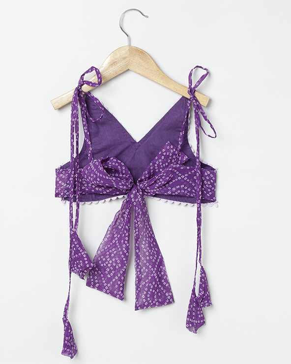 Purple bandhani printed chiffon lehenga choli set with layered skirt