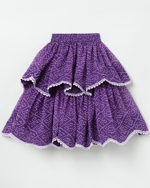 Purple bandhani printed chiffon lehenga choli set with layered skirt