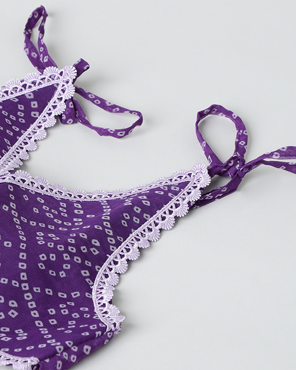 Purple bandhani printed chiffon lehenga choli set with layered skirt