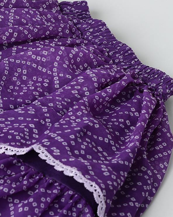 Purple bandhani printed chiffon lehenga choli set with layered skirt
