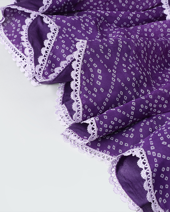 Purple bandhani printed chiffon lehenga choli set with layered skirt