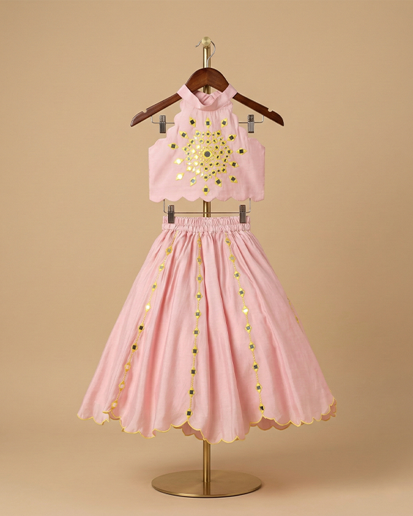 Dusty pink chanderi silk girls lehenga set with mirror work & dupatta