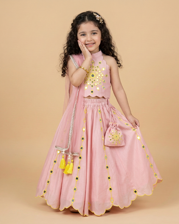 Dusty pink chanderi silk girls lehenga set with mirror work & dupatta