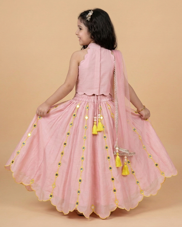 Dusty pink chanderi silk girls lehenga set with mirror work & dupatta