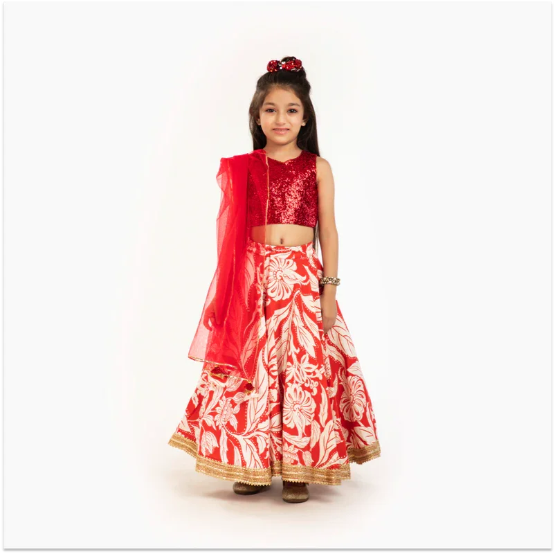 Red & Ivory Floral Lehenga Set