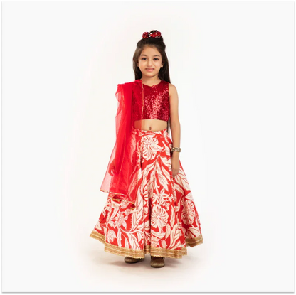 Red & Ivory Floral Lehenga Set