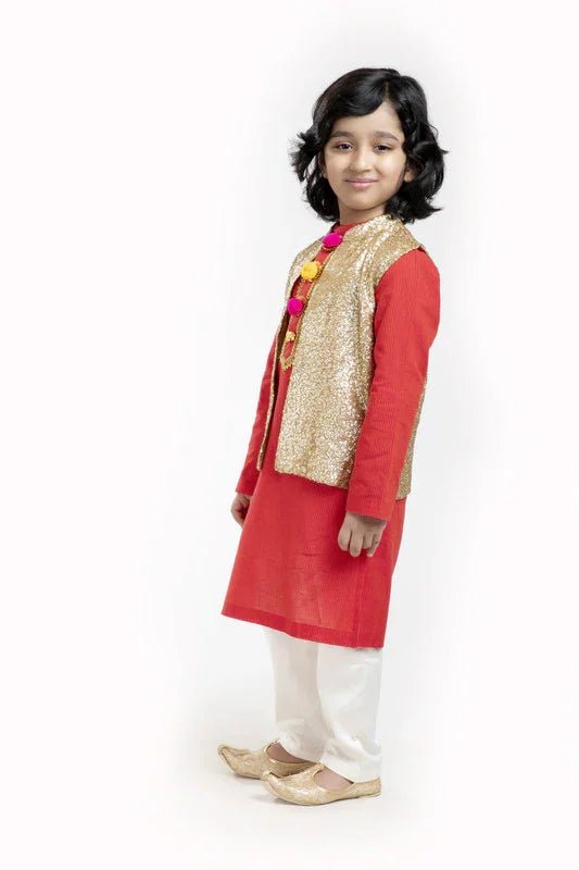 Red & gold kurta waistcoat set   byb premium