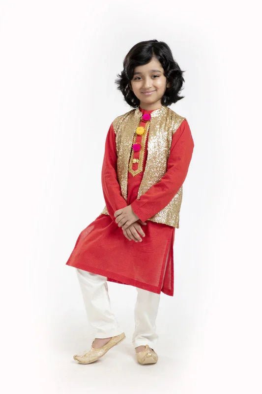Red & gold kurta waistcoat set   byb premium