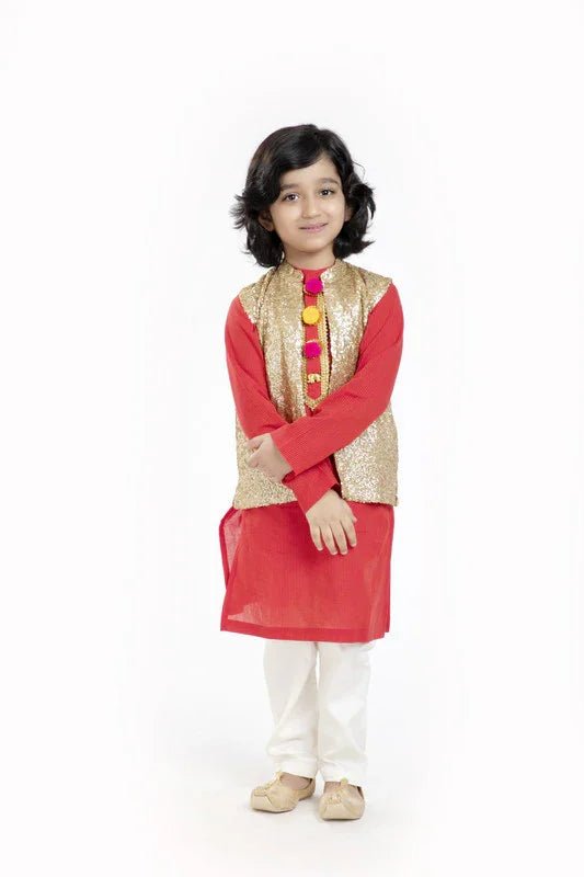 Red & Gold Kurta Waistcoat Set - BYB PREMIUM