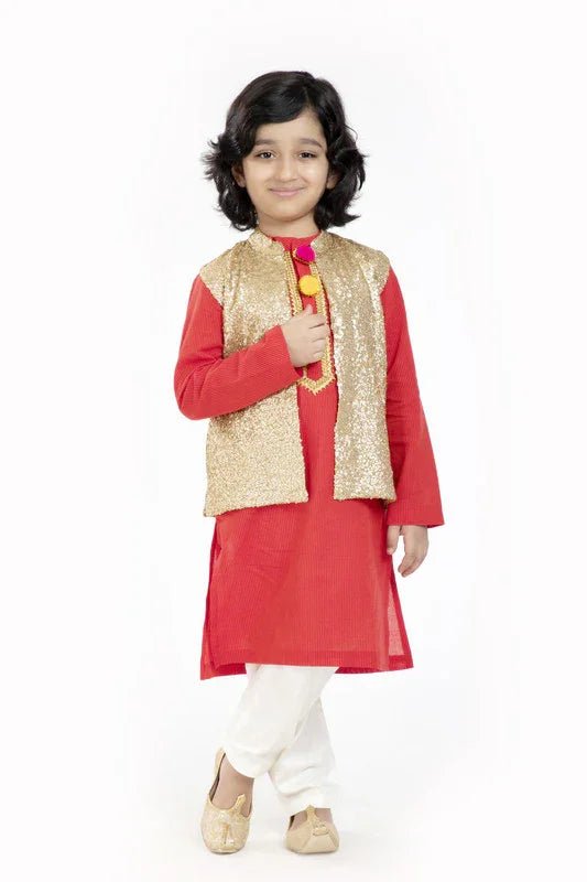 Red & gold kurta waistcoat set   byb premium