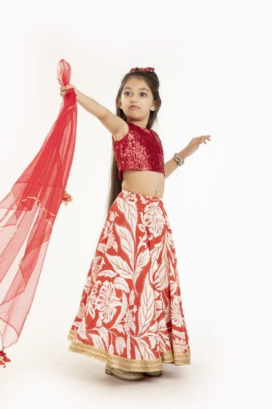 Red & ivory floral lehenga set   byb premium