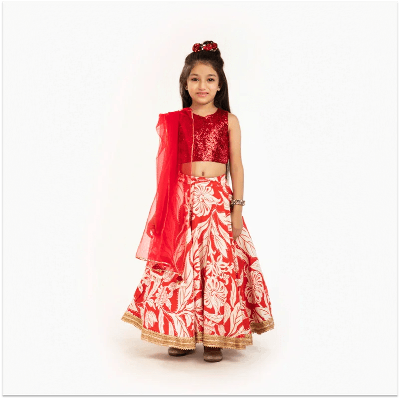 Red & ivory floral lehenga set   byb premium