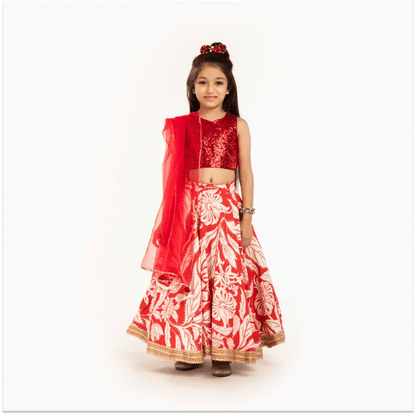 Red & Ivory Floral Lehenga Set - BYB PREMIUM